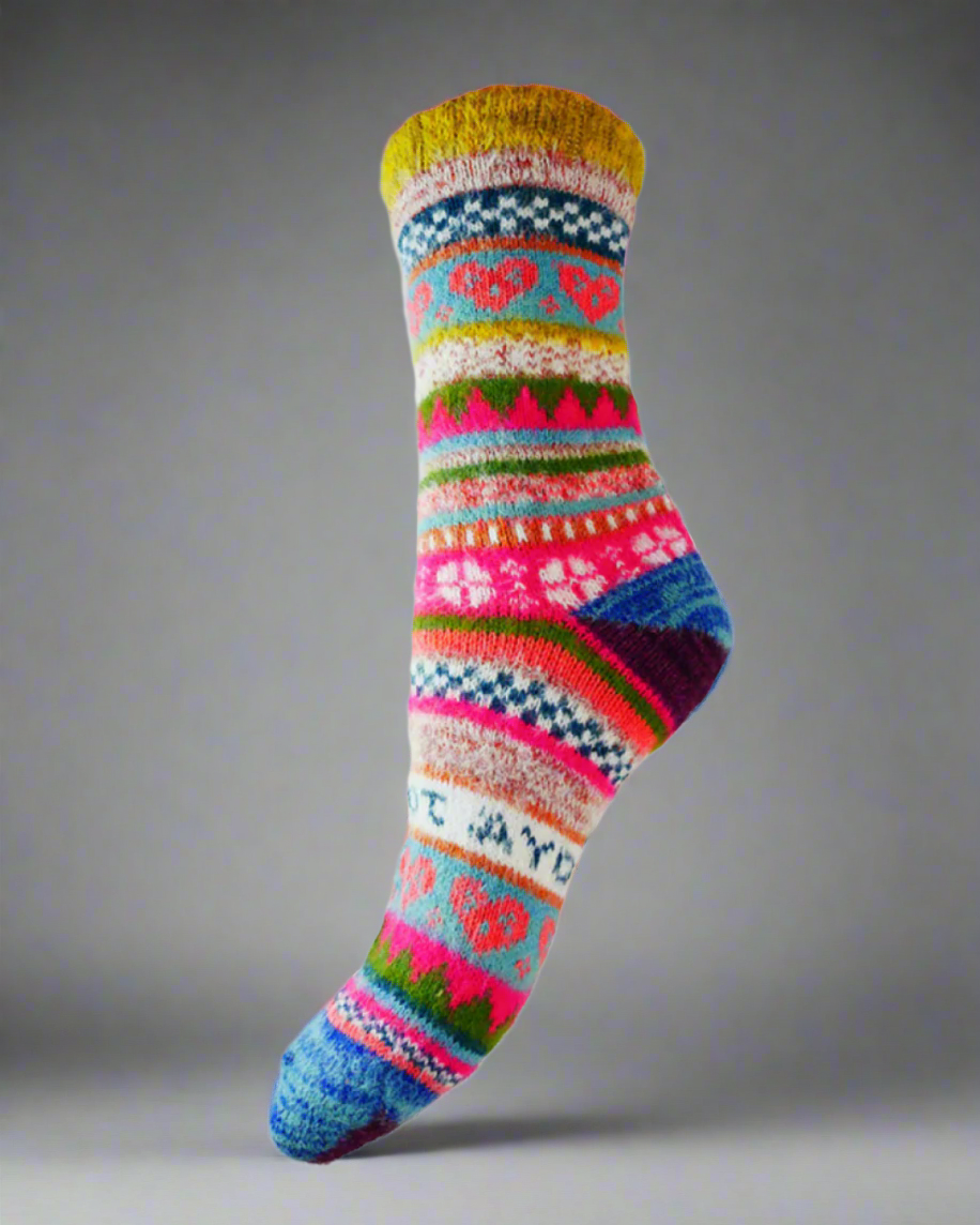 Wool Fluff Socks in Rainbow Folk Print - WS395