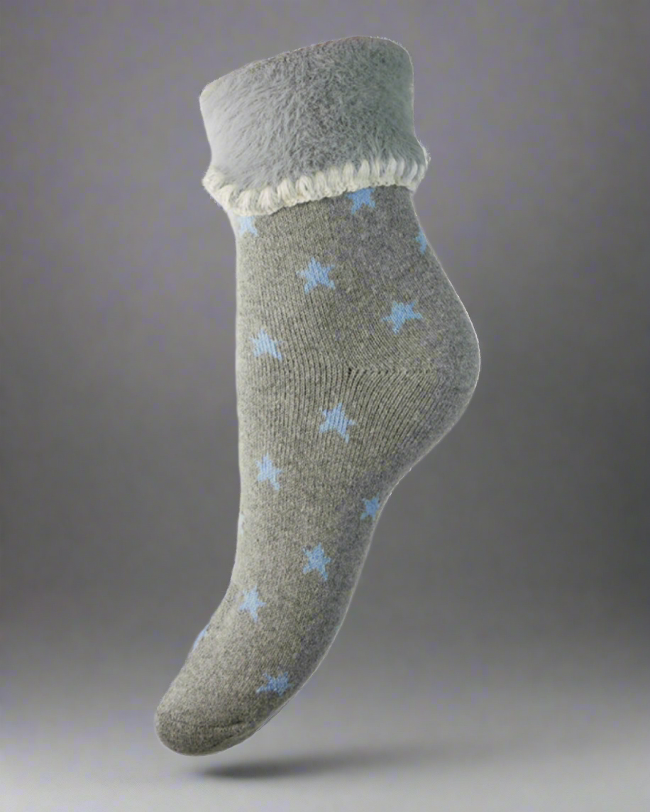 Wool Fluff Socks in Grey and Blue Stars Print - WS409