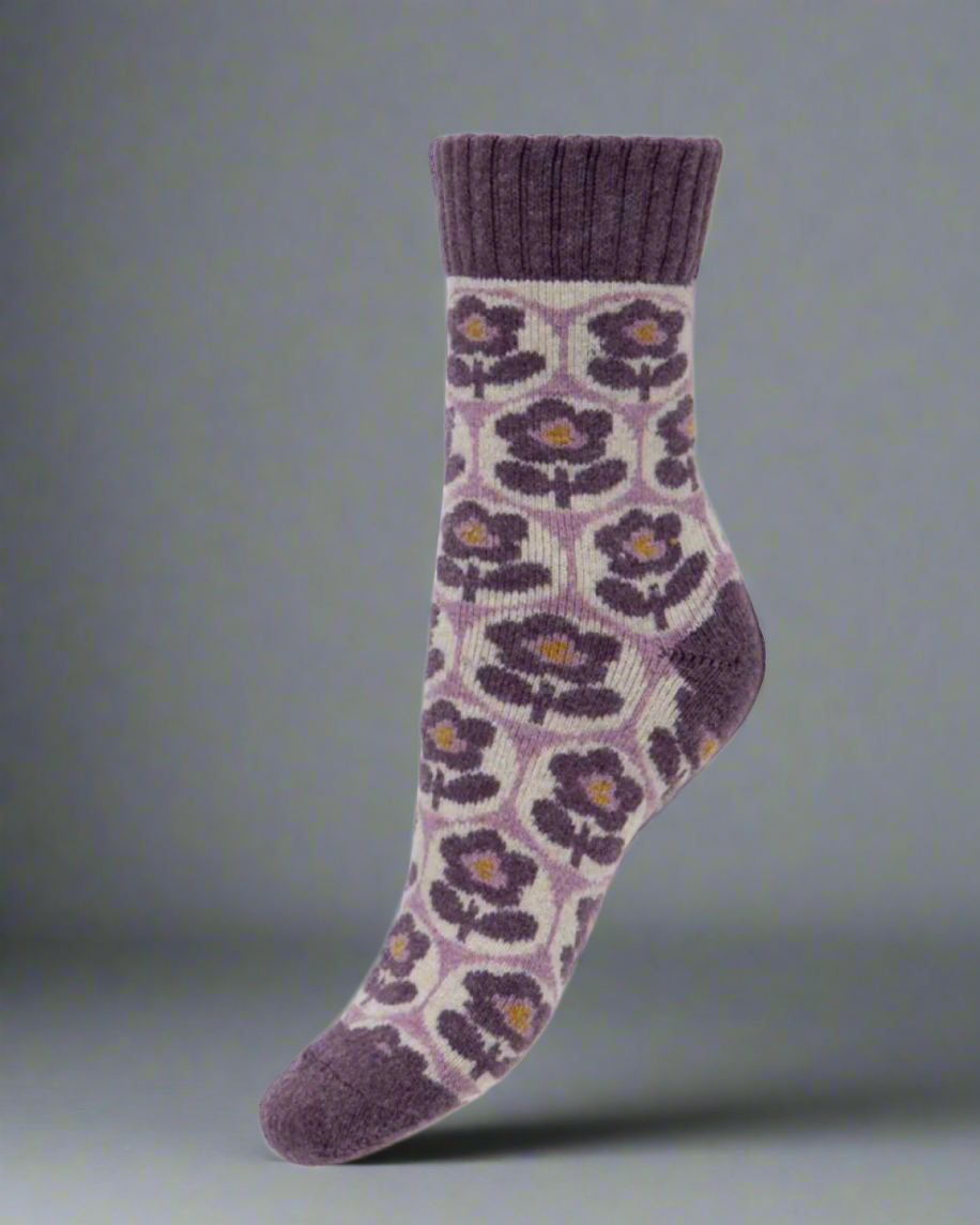 Wool Socks in Purple 70s Flower Print - WS455