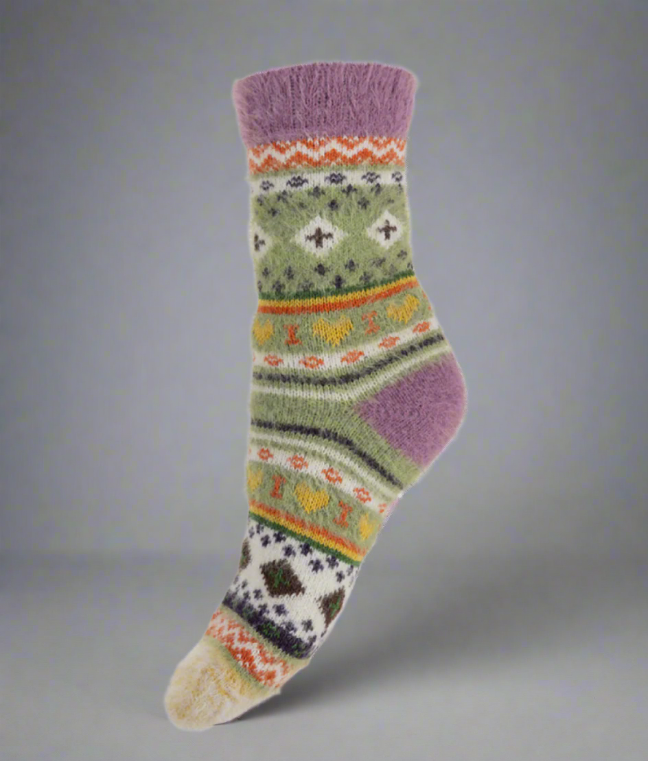 Wool Blend Socks in Green and Pink Folk Print - WS539