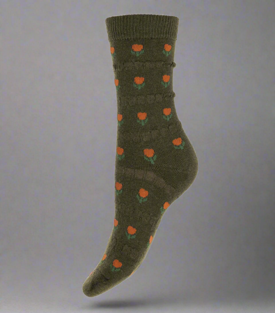 Wool Blend Socks in Red Flowers Print - WS512