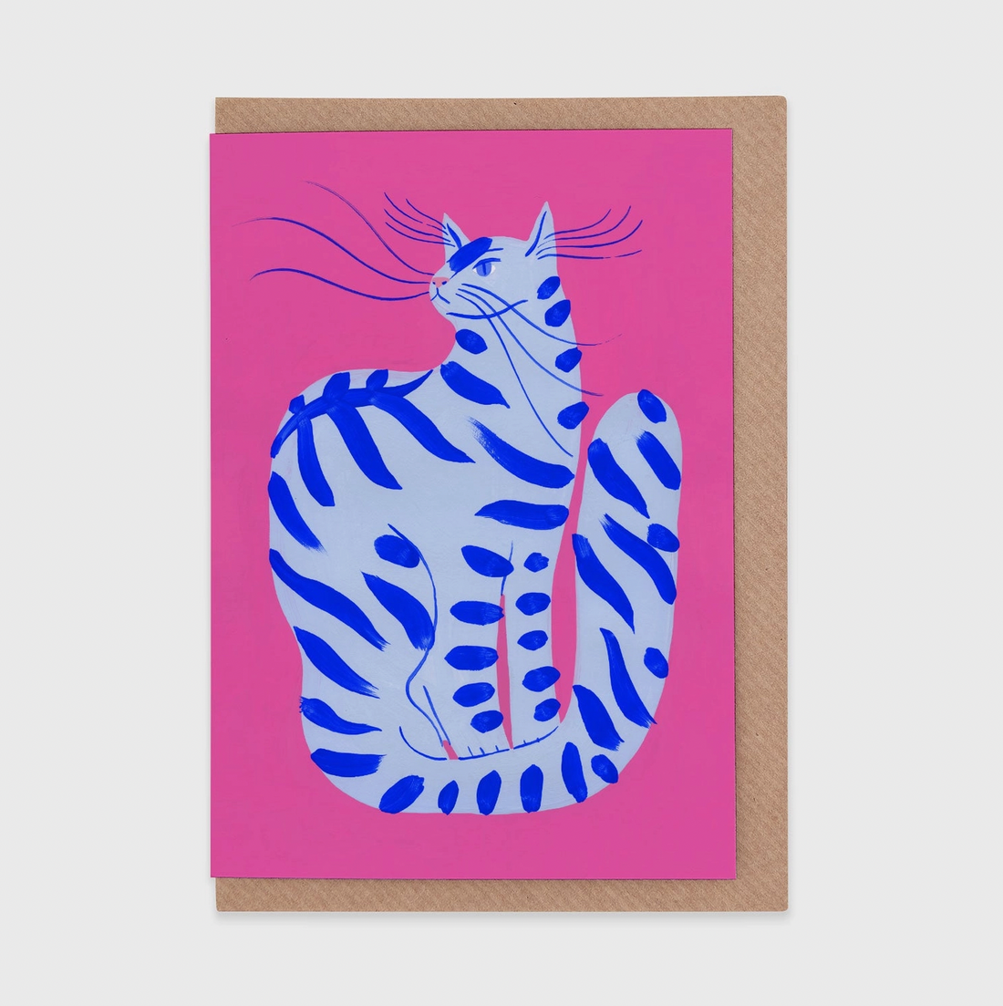 Blue Cat with Stripes Pink Greetings Card