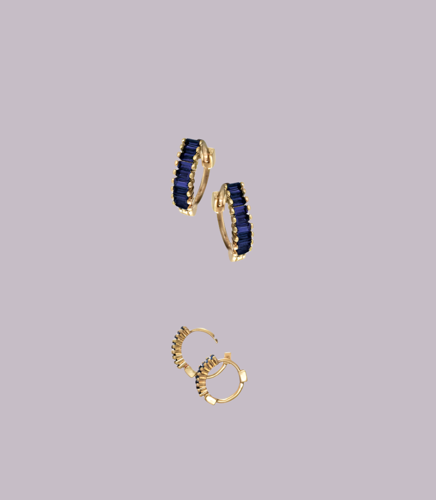 Delicate Demi Baguette Crystal Hoops In Gold and Sapphire Blue - LG113