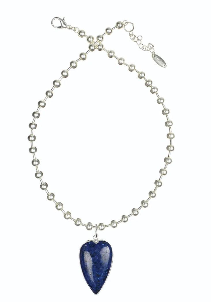 Grande Blue Lapis Heart Ball Chain Silver Necklace - SC314
