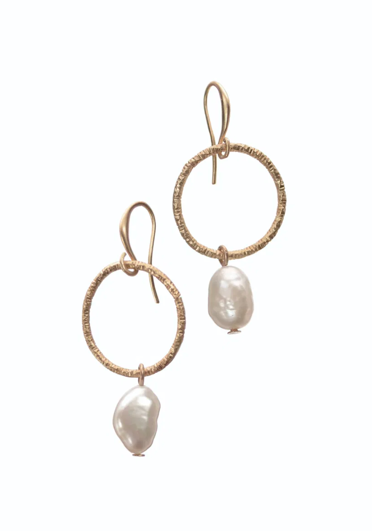 Elouise Captured Pearl Front Facing Hoop Earrings in Worn Gold - YX198