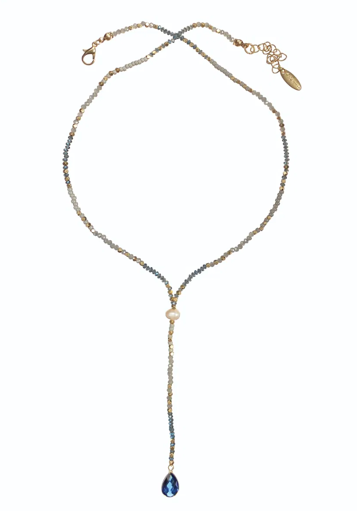 Teardrop Plunge Pearl and Crystal Necklace in Blue and Gold - SC328