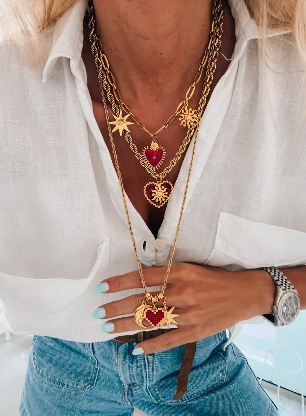 ABEL Twist Chain Single Red Heart and Sun Drop Necklace