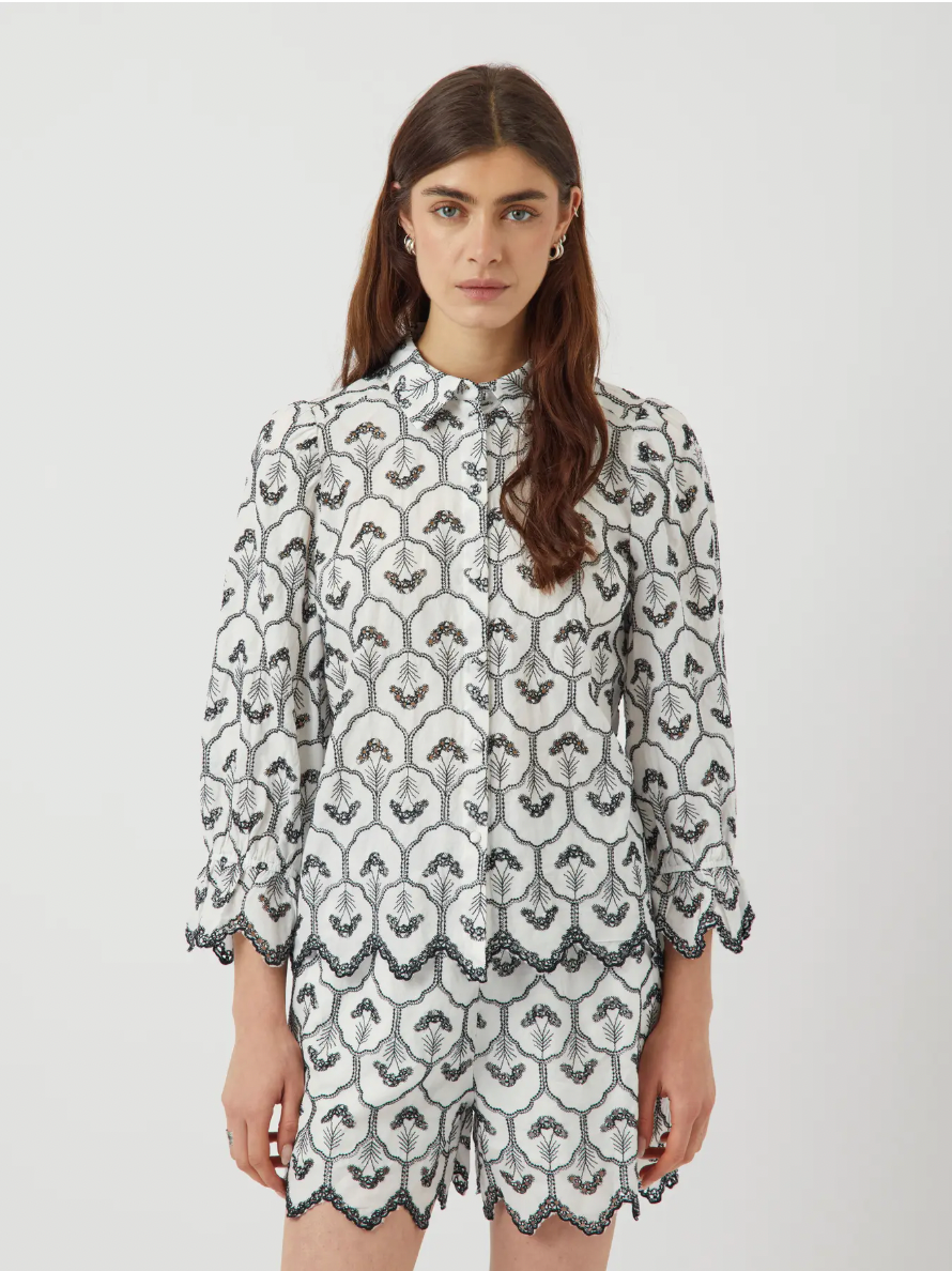 MULLA Cropped Sleeve Embroidered Cotton Shirt