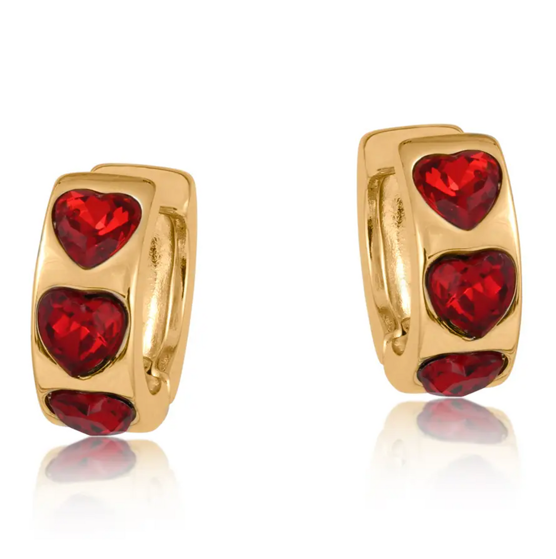 Mica Heart Red Crystal Heart Stone Medium Hoop Earrings in Gold