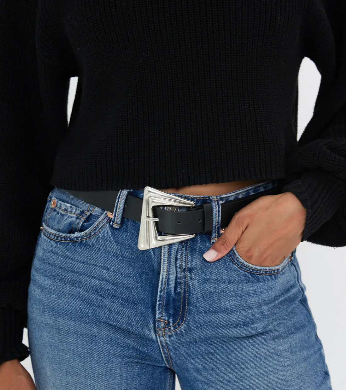 STELLA Silver Buckle Belt in Black