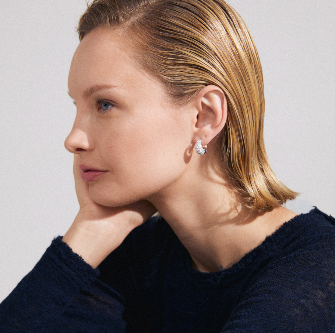 FOCUS Embellished Crystal Chunky Hoop Silver Plated Earrings