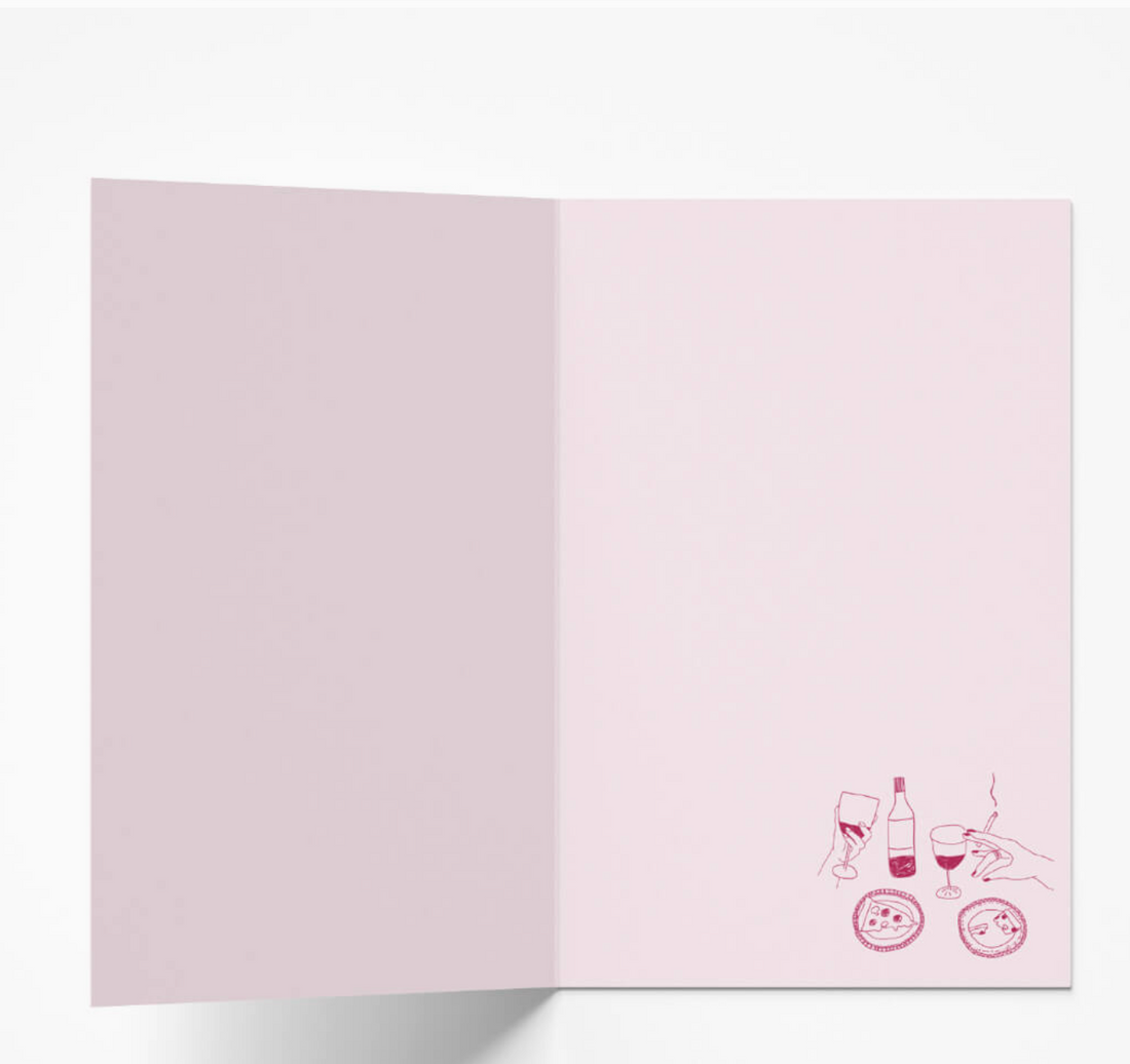 Eat the Moon Wine and Pizza Birthday Card