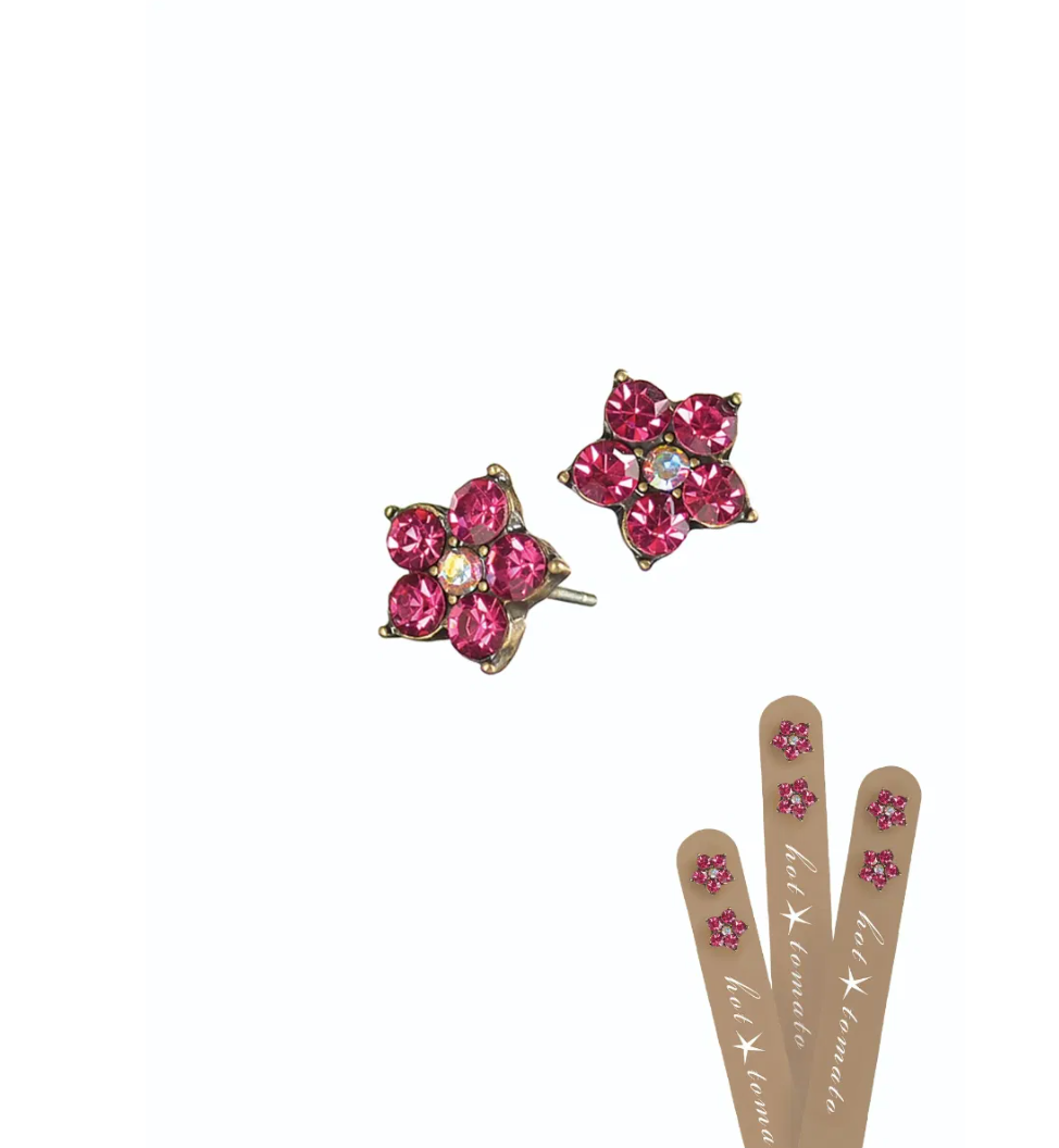 Five Petal Opal Flower Crystal Studs in Gold and Fuchsia Pink - LG092