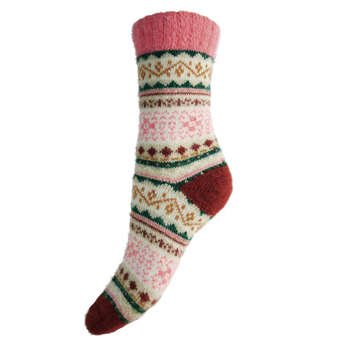 Thick Wool Scandi Print Socks in Cream and Pink with Wine Heel - WS596