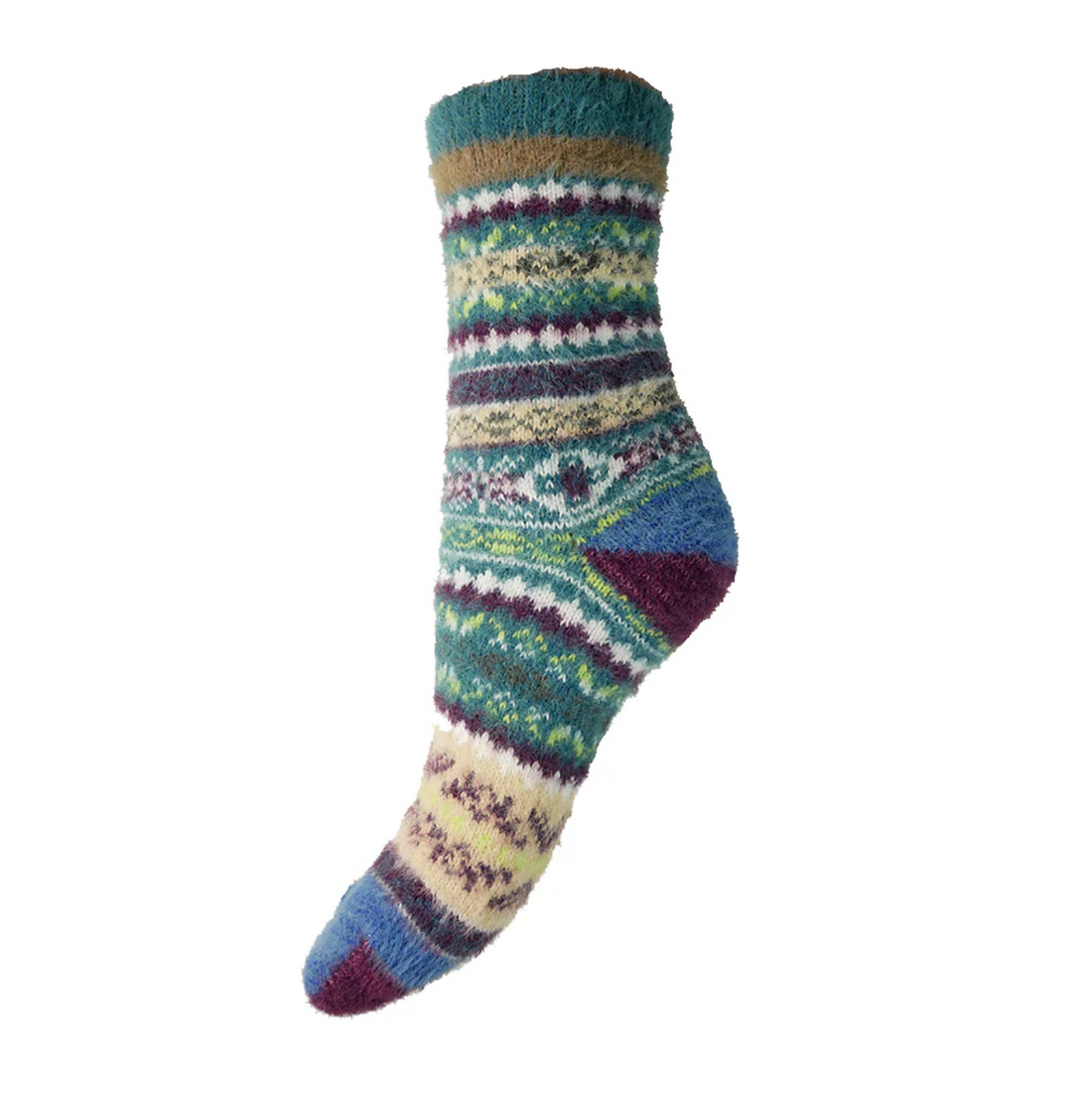 Wool Blend Socks in Green and Blue Folk Print - WS495