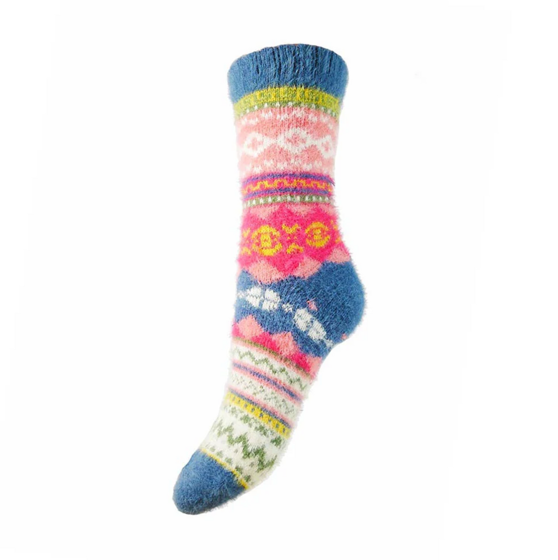Wool Blend Socks in Bright Pink and Blue Scandi Print - WS548