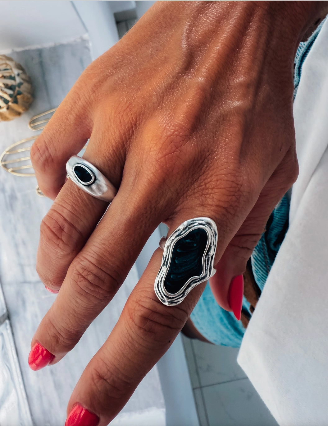 CYBER Silver Band Ring With Black Enamel Stone