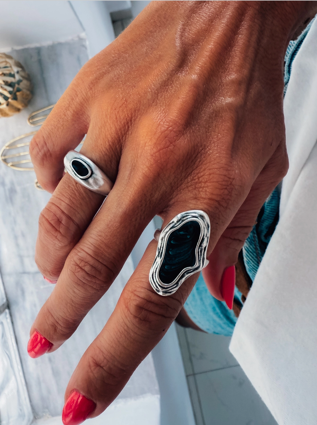 CYBER Silver Band Ring With Black Enamel Stone