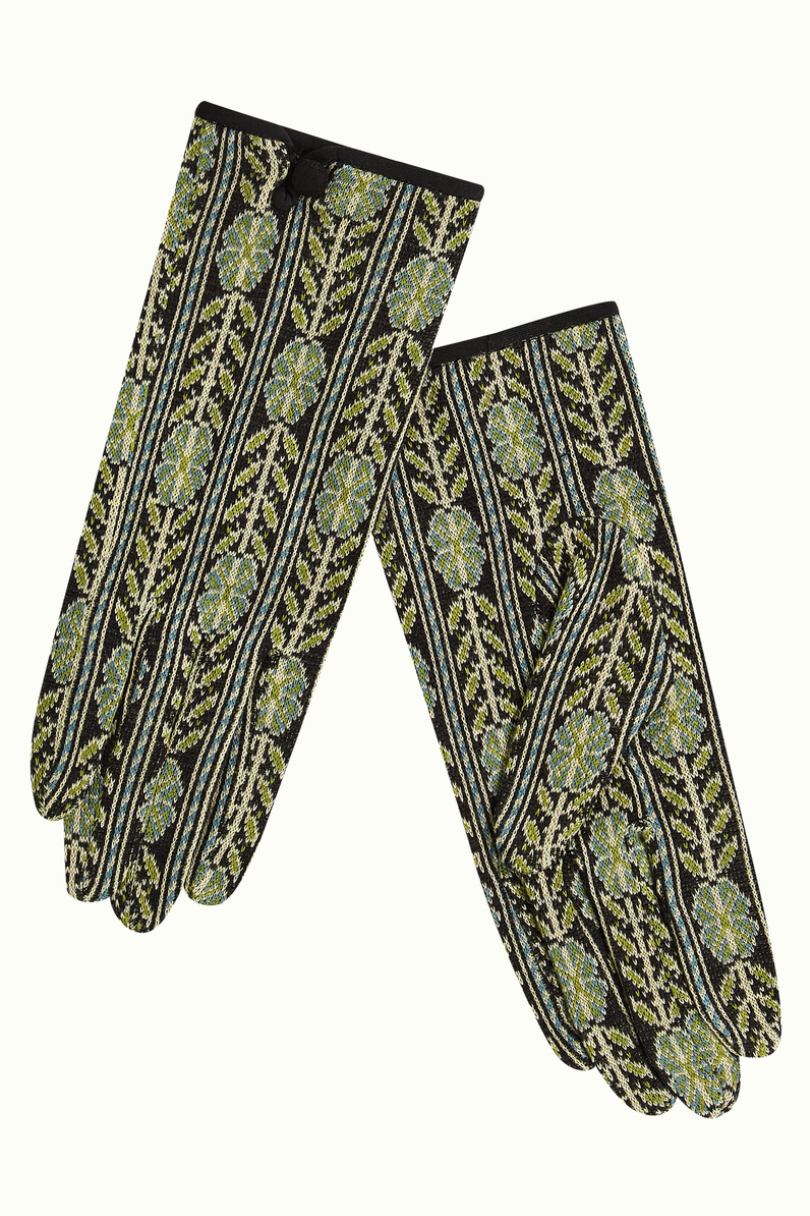 DUMAS Retro Style Woven Green Floral Printed Gloves