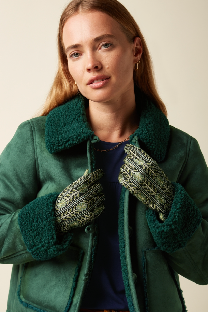 DUMAS Retro Style Woven Green Floral Printed Gloves
