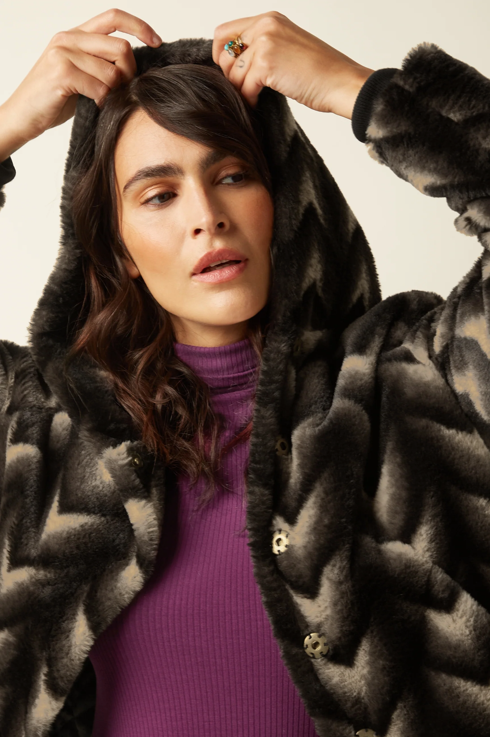 JUDY Deco Faux Fur Hooded Coat