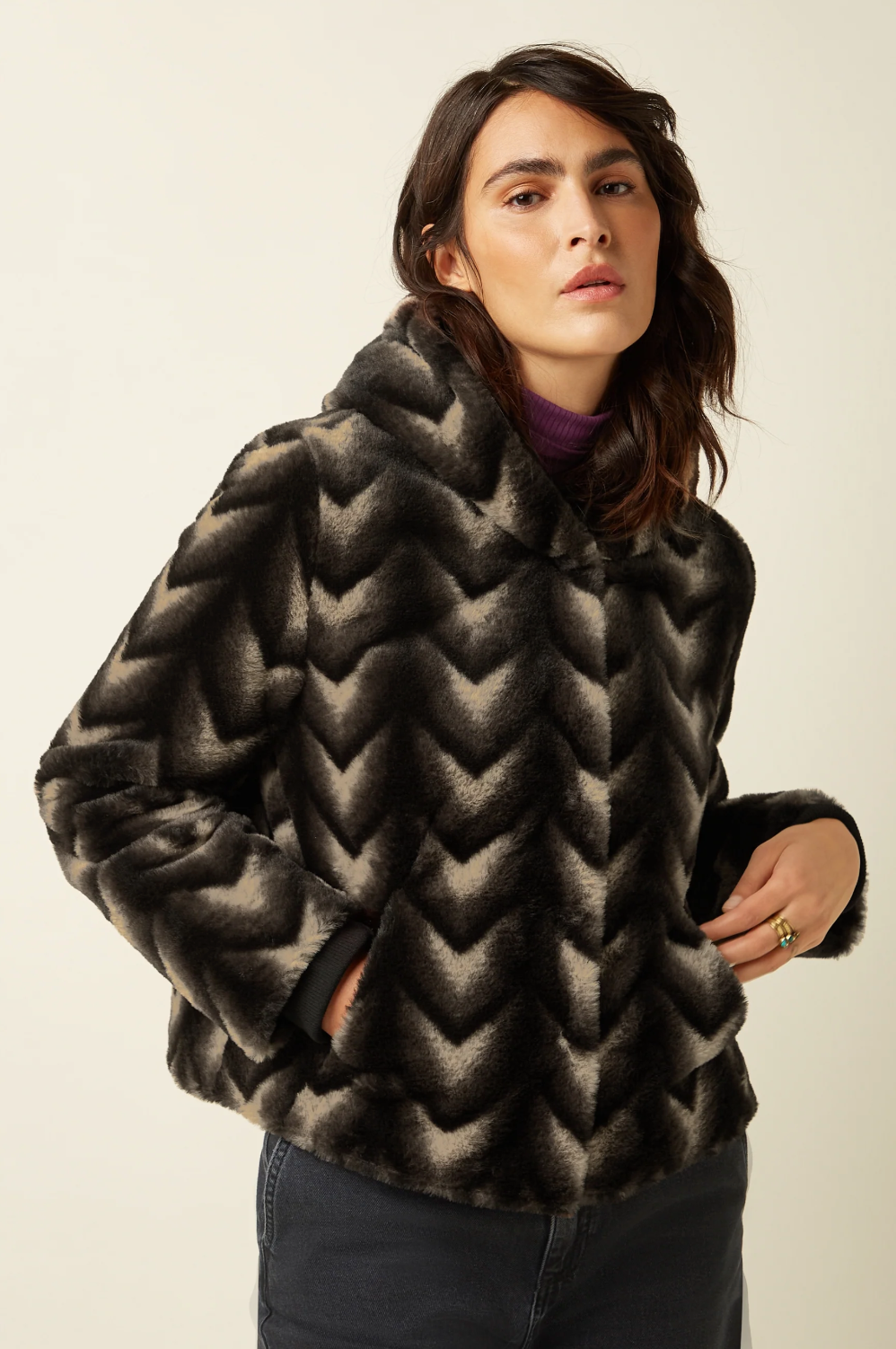 JUDY Deco Faux Fur Hooded Coat