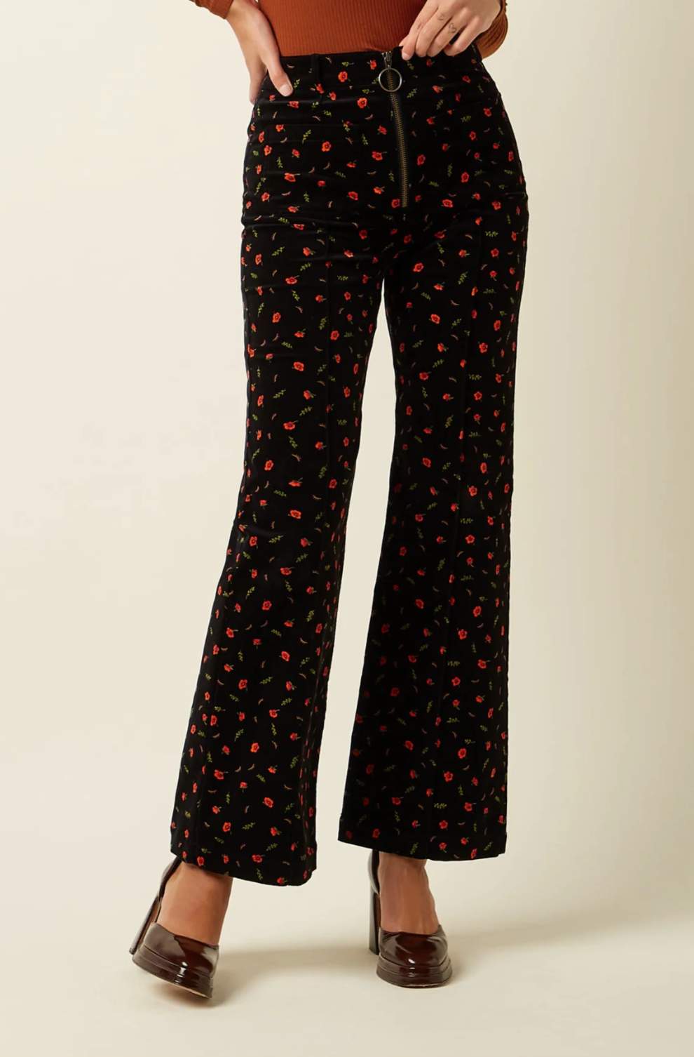 IDA Sip Front Velvet Corduroy Rose Nival Print Floral Trousers
