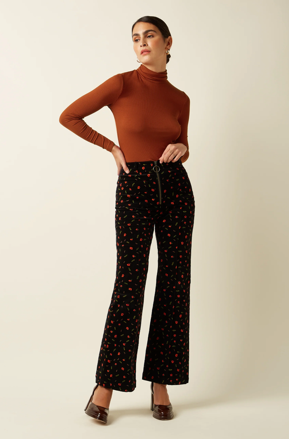 IDA Sip Front Velvet Corduroy Rose Nival Print Floral Trousers