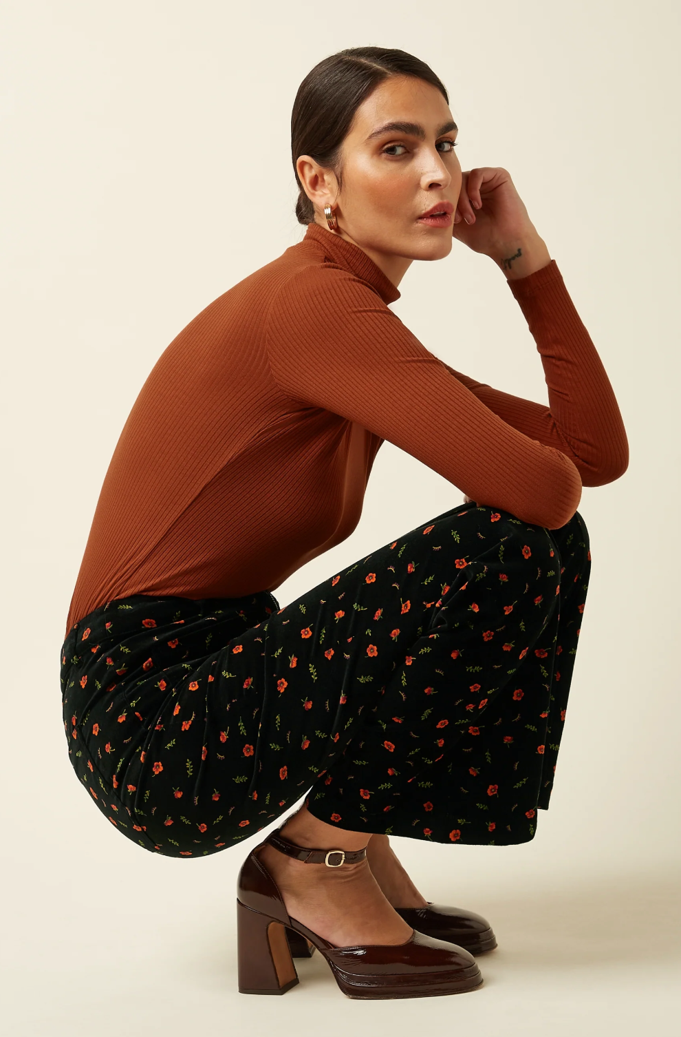 IDA Sip Front Velvet Corduroy Rose Nival Print Floral Trousers