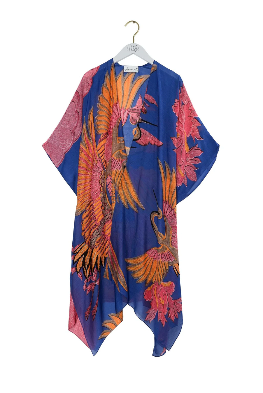One Hundred Stars Mid Length Lightweight Throwover Kimono in Cobalt Blue Crane Print - THRCRACOB