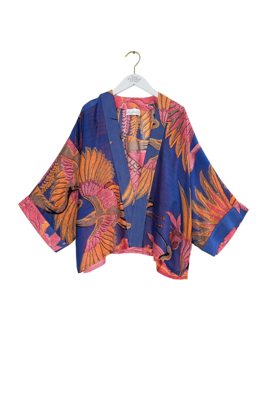 One Hundred Stars Short Lightweight Kimono in Cobalt Blue Crane Print - KIMCRACOB