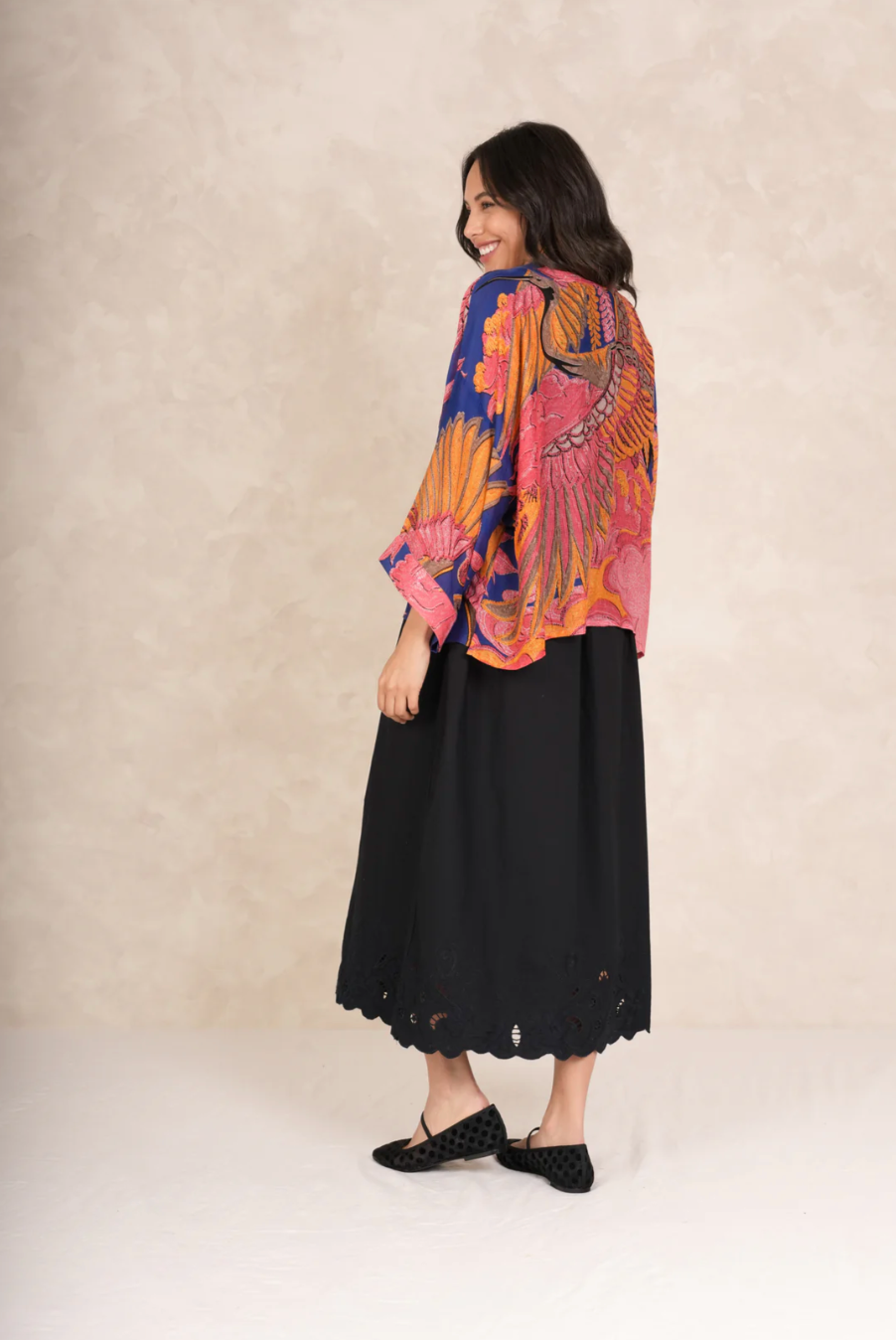 One Hundred Stars Short Lightweight Kimono in Cobalt Blue Crane Print - KIMCRACOB