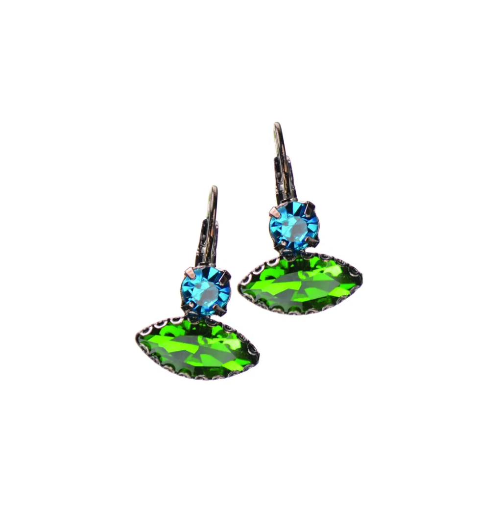 Almond Double Crystal Drop Earrings in Blue and Green- HU198
