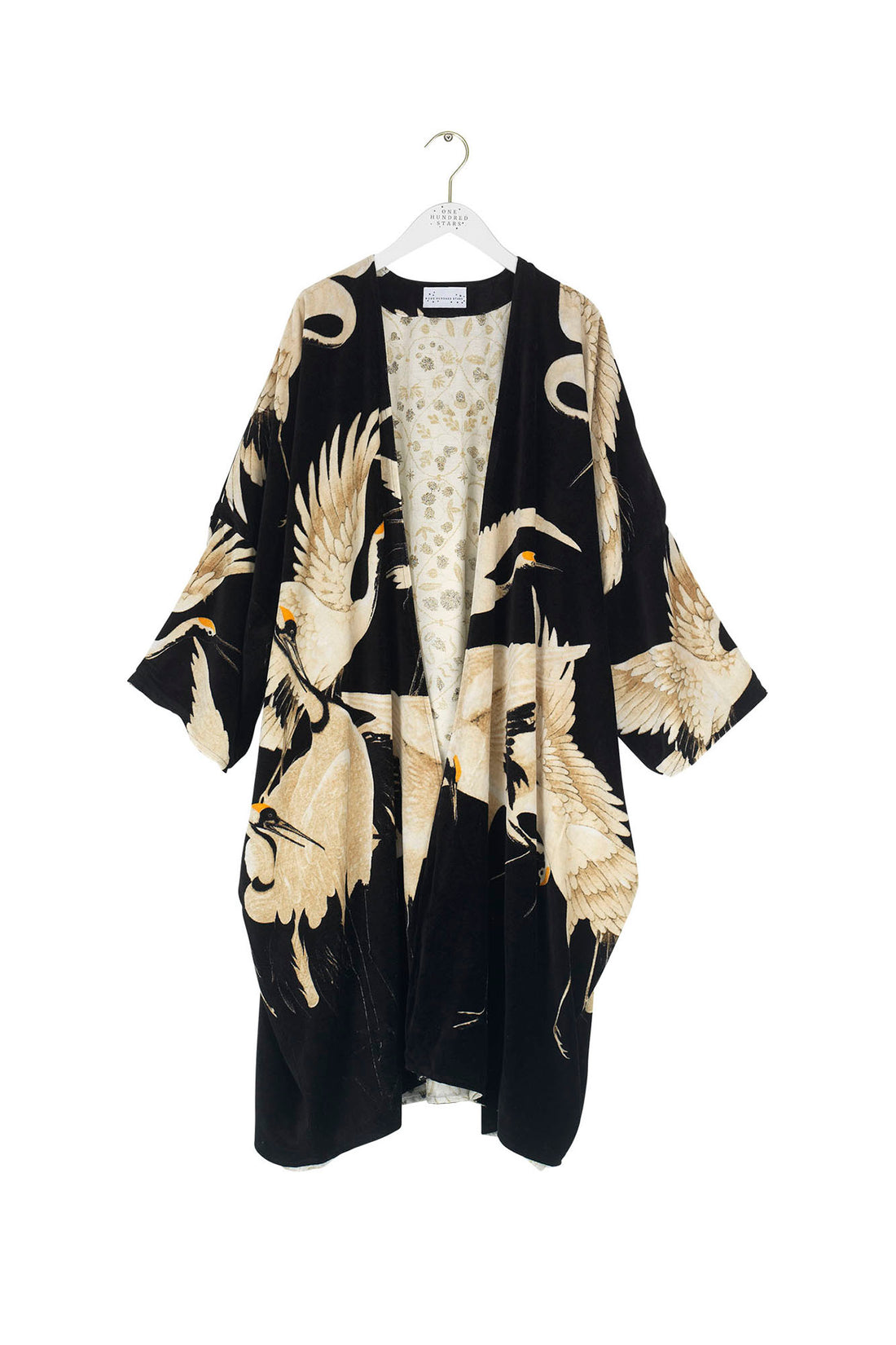 Velvet Grande Pocket Kimono in Black Stork Print - VGRSTOBLK
