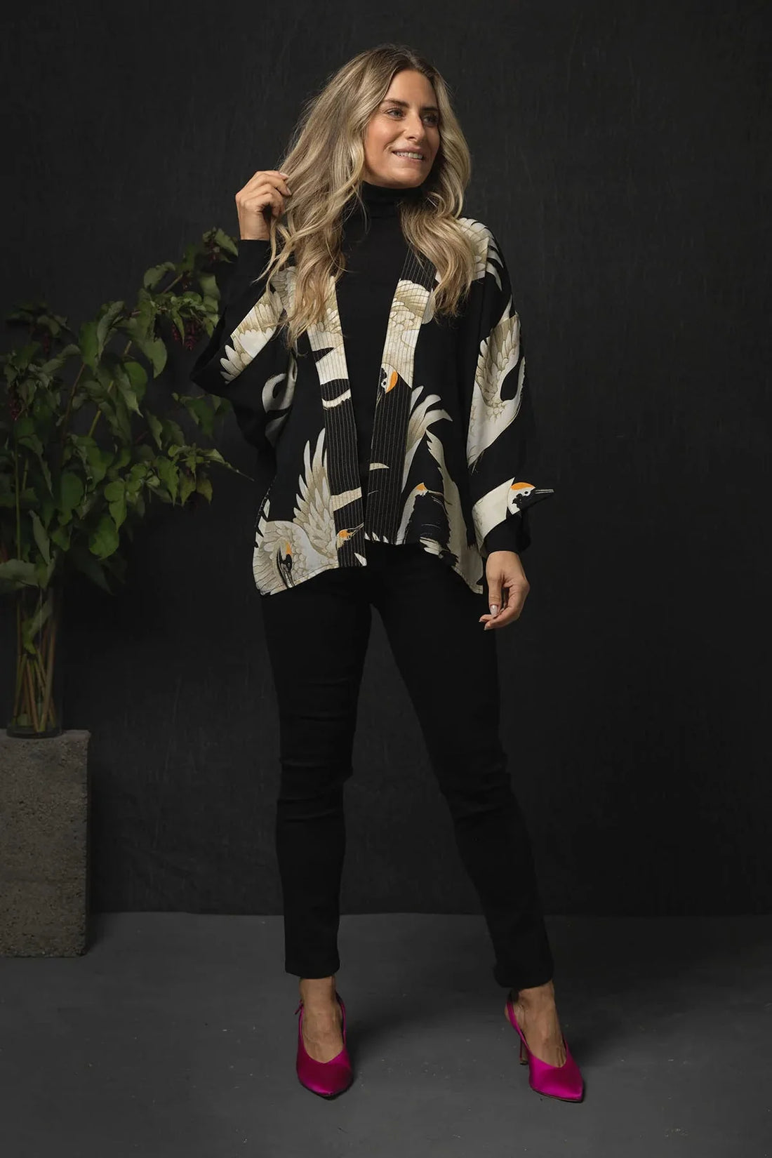 Stork Short Kimono in Crepe from The Black Collection by One Hundred Stars -CKIMSTBLK Kimonos One Hundred Stars