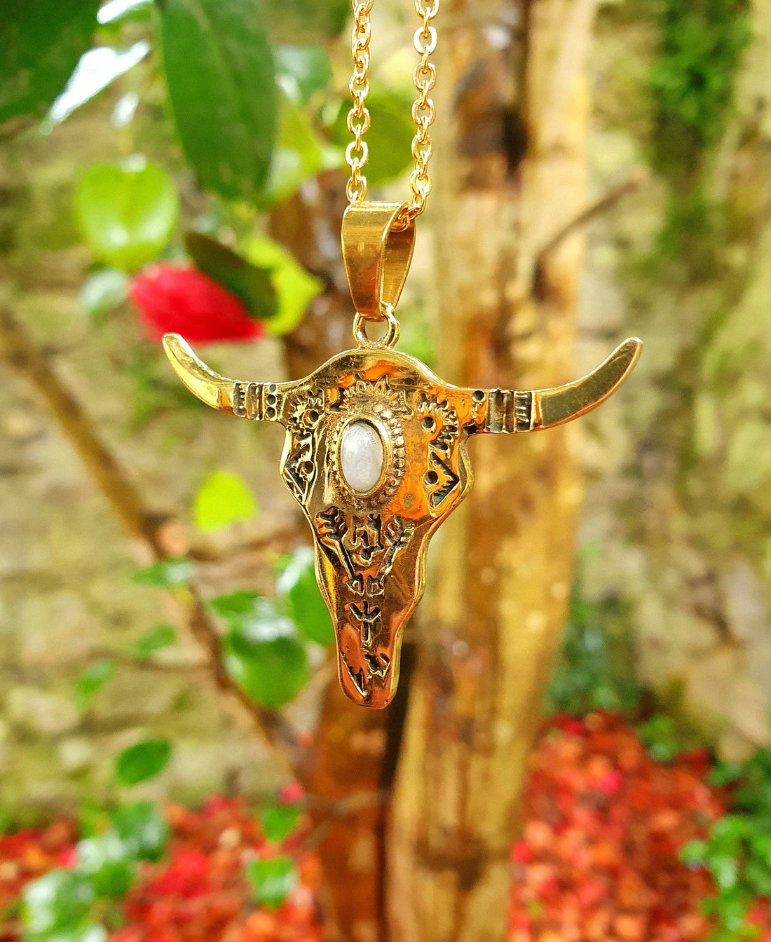 RANCH Moonstone Golden Cow Necklace, Stainless Steel Chain