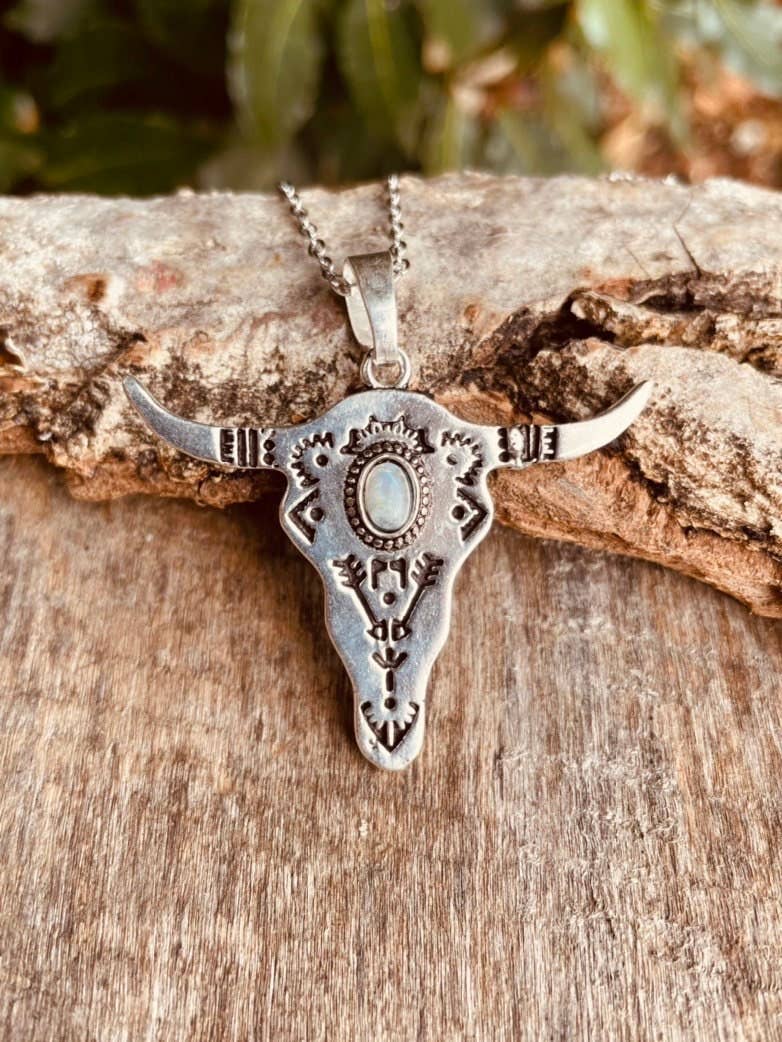 RANCH Silver Cow Head Necklace with Moonstone on Stainless Steel Chain