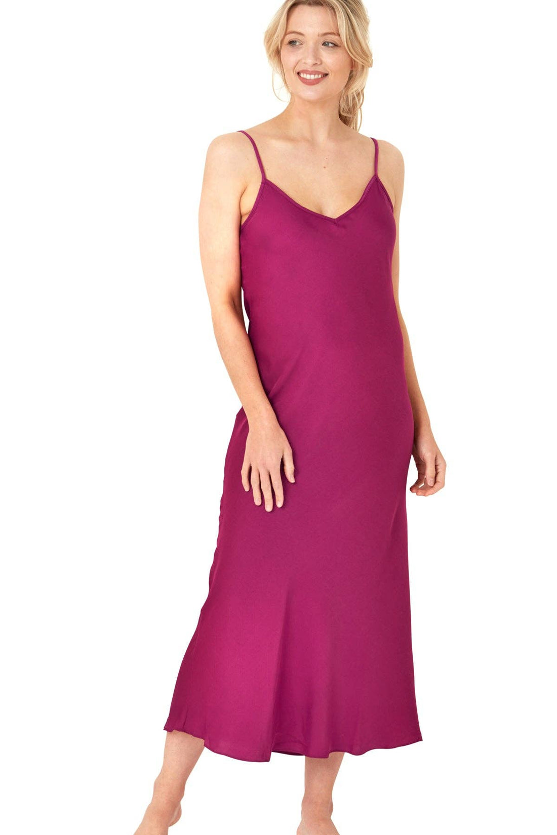 Samsara Long Satin Chemise dress in Fuchsia Pink