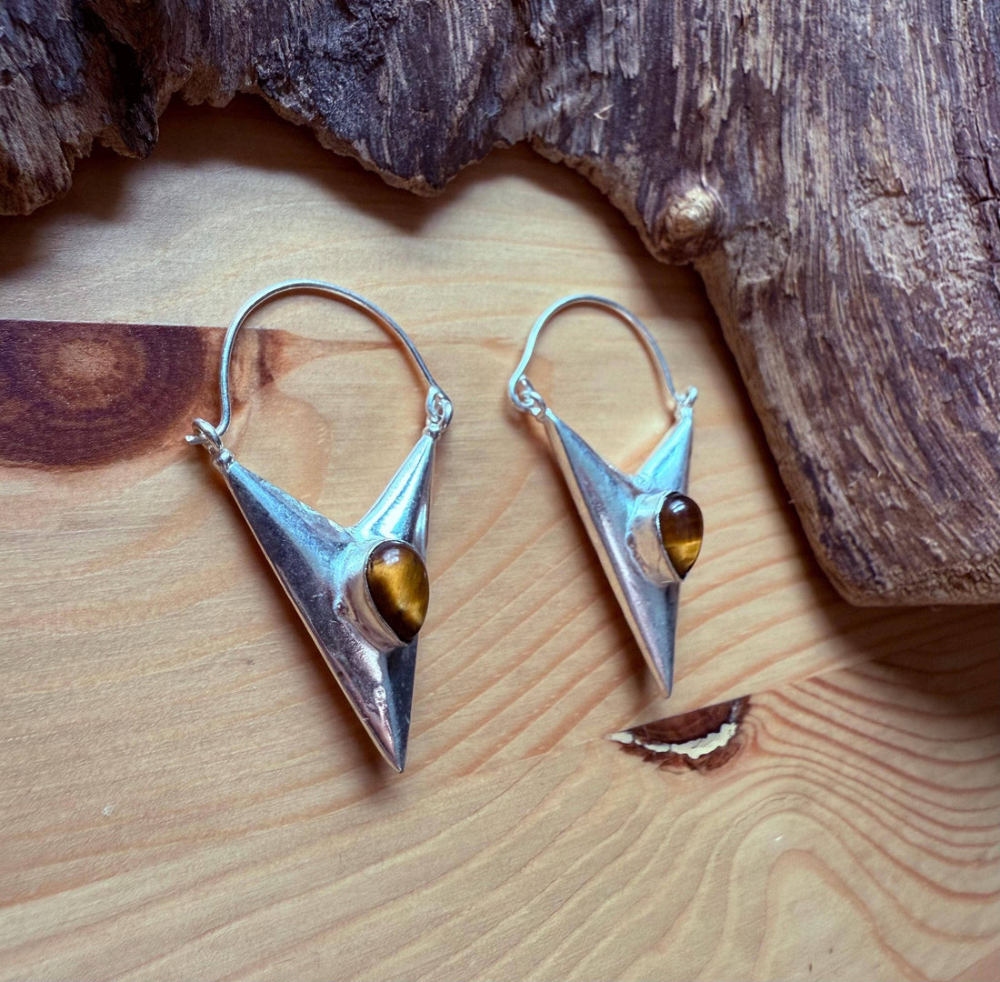LEO Tiger's Eye Silver Triangle Earrings