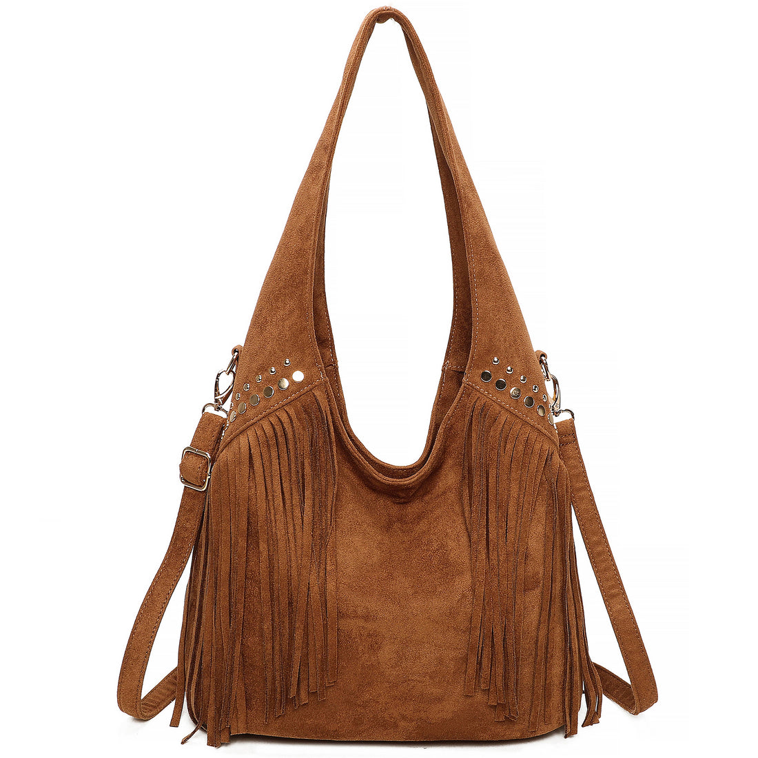 LAINA Large Faux Suede Soft Fringe Studded Hobo Shoulder Bag