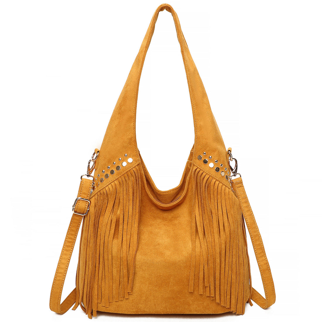 LAINA Large Faux Suede Soft Fringe Studded Hobo Shoulder Bag