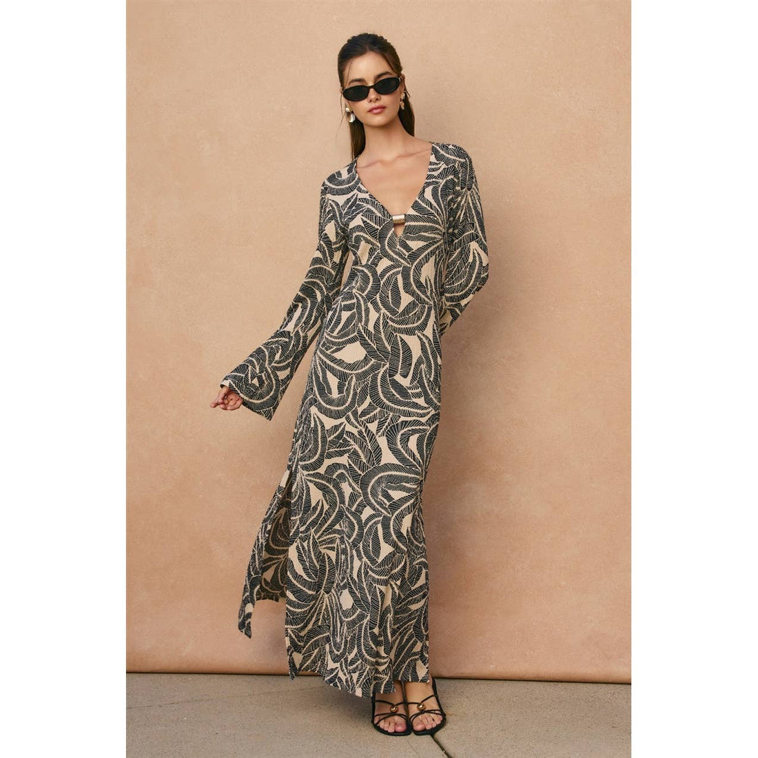 TIA Saltwater Blush Gold Bead Bell Sleeve Maxi Dress