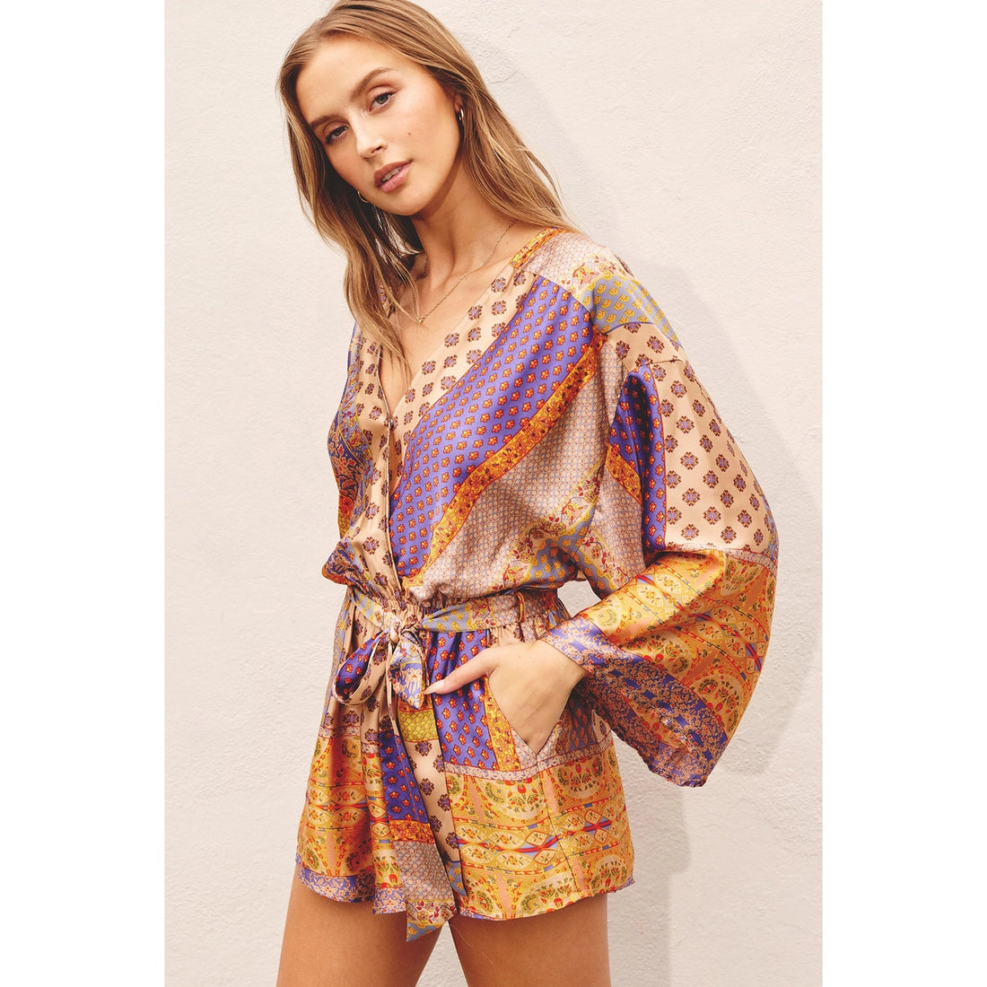 Daring Silk Feel Kimono Playsuit in Indian Patchwork Print