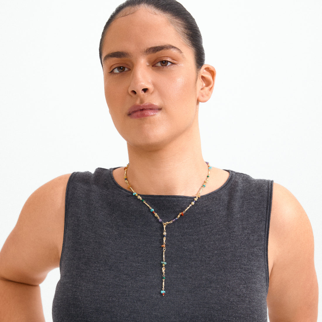 TRACE Necklace in Gold with Multicolour Rainbow Beads