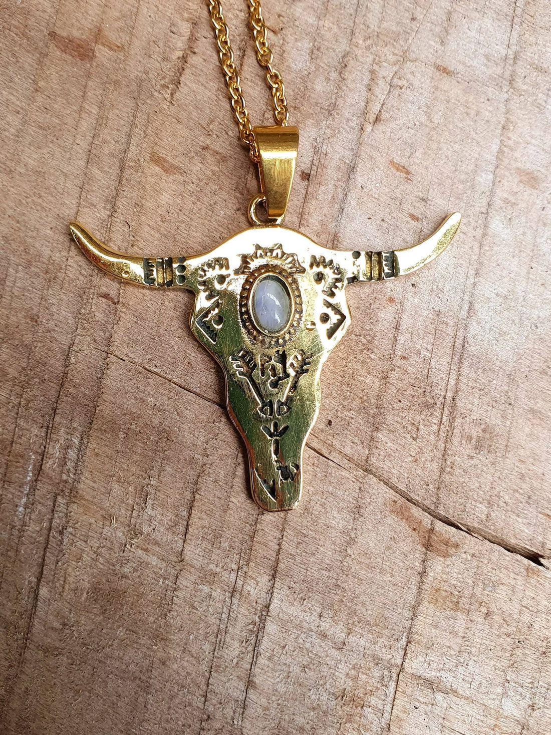 RANCH Moonstone Golden Cow Necklace, Stainless Steel Chain