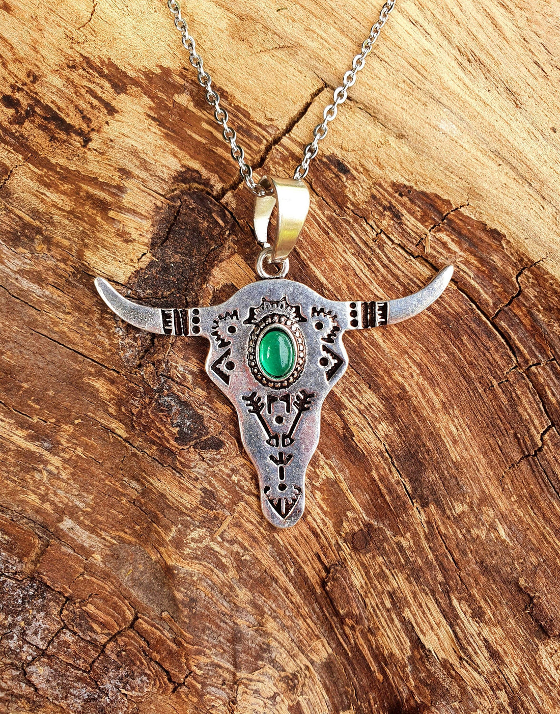 RANCH Silver Pendant Cow Necklace with Green Onyx Stone, Stainless Steel Chain