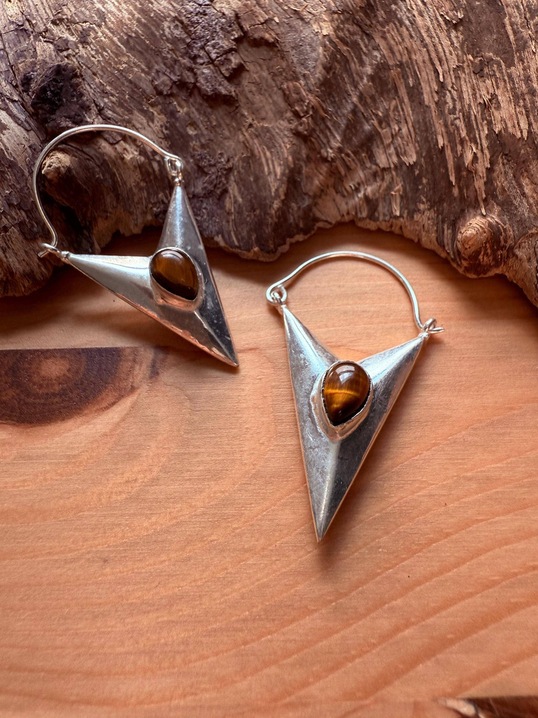 LEO Tiger's Eye Silver Triangle Earrings