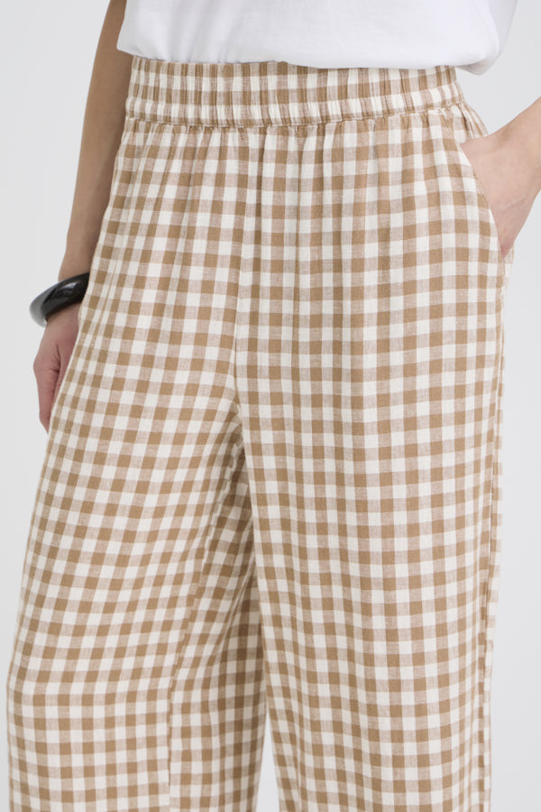 FALAKKA Linen Gingham Check Cropped Trousers in Brown