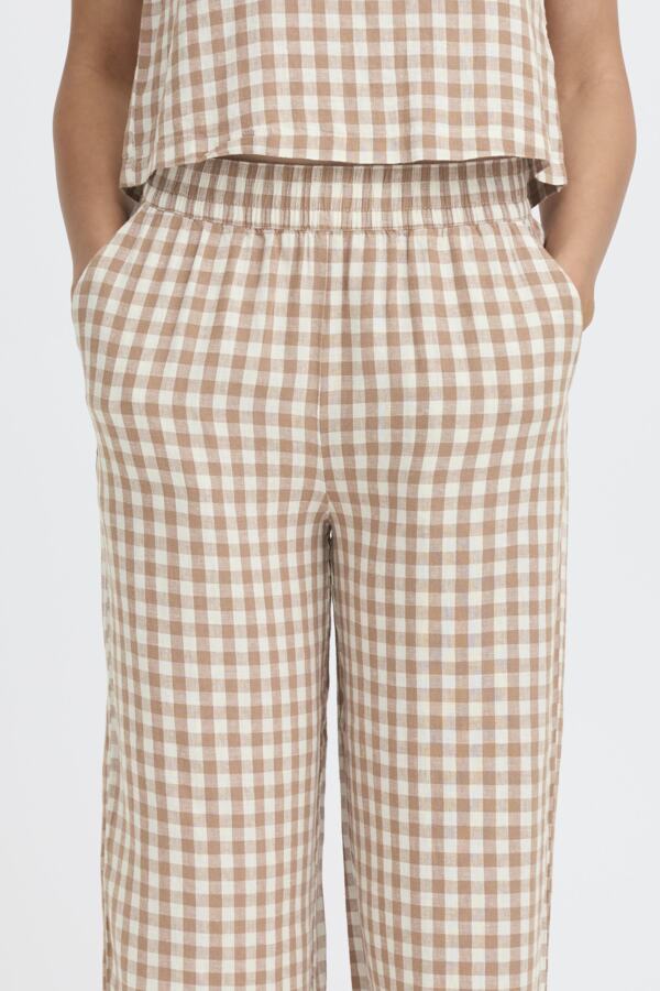 FALAKKA Linen Gingham Check Cropped Trousers in Brown