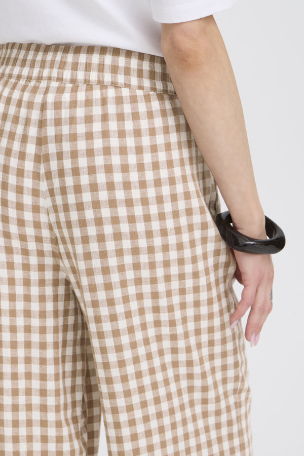 FALAKKA Linen Gingham Check Cropped Trousers in Brown